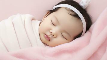ai generado dormido recién nacido bebé en un envolver en rosado cobija foto