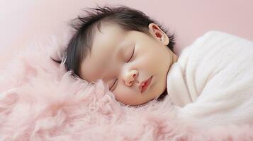 AI generated Sleeping newborn baby in a wrap on pink blanket photo