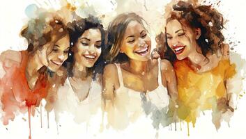 AI generated Watercolor painting group of diverse young woman smiling together photo