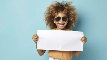 AI generated Cute blonde girl with curly hair wearing sunglasses laughing holding a white blank sheet for an ad photo