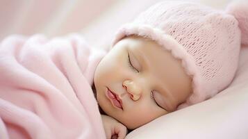 AI generated Sleeping newborn baby in a wrap on pink blanket photo