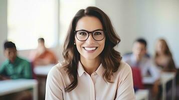 AI generated Pretty teacher smiling at camera at back of classroom at the elementary school photo