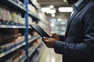 AI generated Man using digital tablet while walking in grocery shop photo