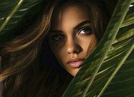 AI generated Portrait of a beautiful young woman with natural makeup hiding face behind green leave photo