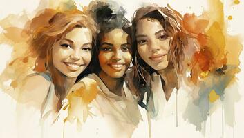 AI generated Watercolor painting group of diverse young woman smiling together photo