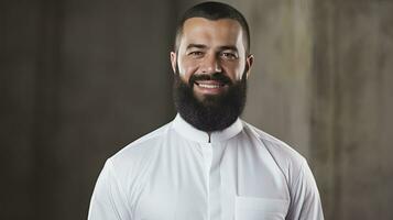 AI generated Muslim man with a beard and white shirt photo