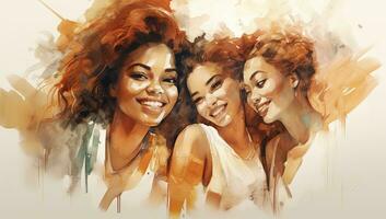 ai generado acuarela pintura grupo de diverso joven mujer sonriente juntos foto