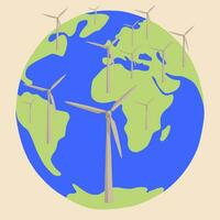 Vector isolated illustration of planet with windmills. The concept of energy conservation.