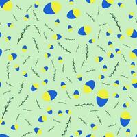 Easter pattern with willow twigs and Easter eggs in the colors of the Ukrainian flag. vector