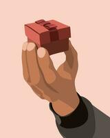 Vector isolated illustration of a gift in a man's hand. Winning the lottery. An unexpected offer. Red gift box.