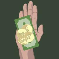 Vector isolated illustration of a hand holding dollars and coins.