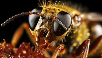 ai generado macro de un abeja cabeza en un negro antecedentes foto