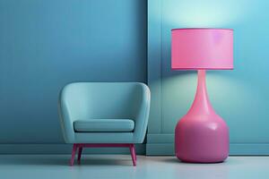 AI generated Bright blue armchair and pink light lamp against a blue wall photo