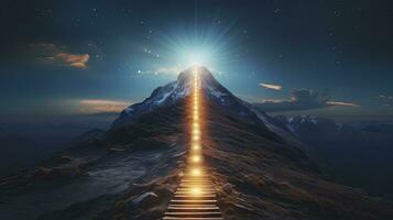 AI generated Path to success concept with glowing light path going up the mountain photo