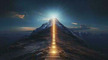 AI generated Path to success concept with glowing light path going up the mountain photo