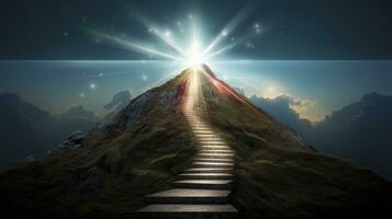 AI generated Path to success concept with glowing light path going up the mountain photo