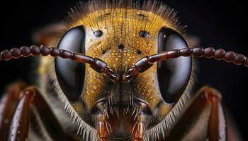 ai generado macro de un abeja cabeza en un negro antecedentes foto