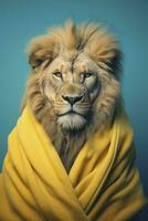 AI generated Portrait of a lion dressed in a bathrobe on pastel background photo