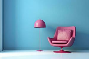 AI generated Photo of bright pink armchair and light lamp against a blue wall