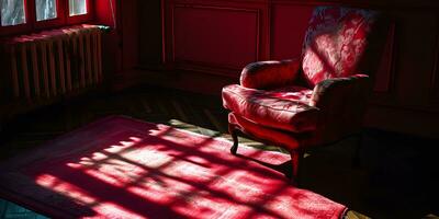 ai generado rojo Sillón en un habitación con rojo pared y ventana con luz de sol foto