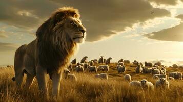 AI generated Lion and flock of sheep at sunset. Dramatic sky photo