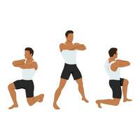 Man doing 90 degree turning lunge or rotation lunges exercise. vector