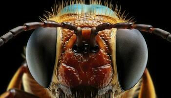 ai generado macro de un abeja cabeza en un negro antecedentes foto