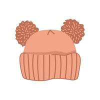 Cute pink cartoon style winter hat with two pompons. Doodle knitted cap. Isolated on white vector