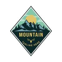 Mountain, mountain and sun vector logo in line art illustration, travel design, adventure. and outdoor activities.