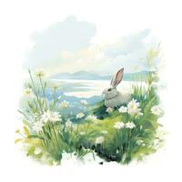 AI generated Cute bunny is sitting in field among wild flowers and grass watercolor illustration photo