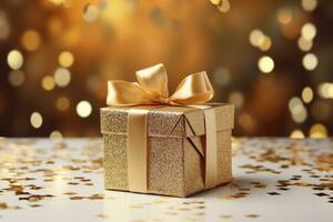 AI generated Gold Glitter Gift Box With Ribbon photo