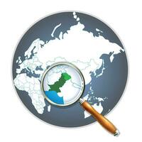 Map of the world with a magnifying glass on a map of Pakistan Detailed map of  and neighboring countries in the Pakistan magnifying glass. with white countries and gradient of ocean. Illustration Art vector