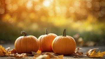 AI generated Pumpkin on a sunny fall autumn background  with some leaves photo