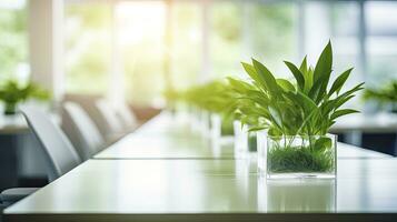 ai generado moderno verde oficina escritorio mesa con plantas. escritorio plantas lata reducir estrés a trabajo foto