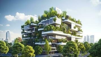 ai generado sostenible Respetuoso del medio ambiente edificio en moderno ciudad foto