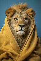 AI generated Portrait of a lion dressed in a bathrobe on pastel background photo