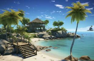 AI generated Pristine and bounty tropical shore with coconut palm trees and azure caribbean sea. photo