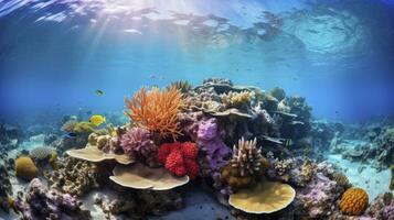 AI generated Coral reefs and underwater life depicted in stunning detail on a clean glass texture background photo