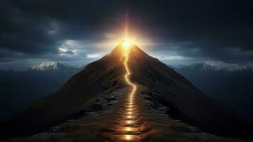 AI generated Path to success concept with glowing light path going up the mountain photo
