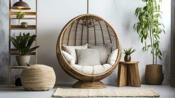 AI generated Modern living room featuring stylish hanging basket chair photo