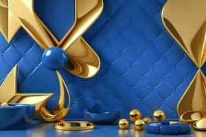 AI generated 3d rendering luxury blue and golden abstract background. Pro Photo