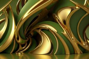 AI generated 3d rendering luxury green and golden abstract background. Pro Photo