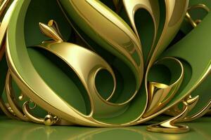 AI generated 3d rendering luxury green and golden abstract background. Pro Photo