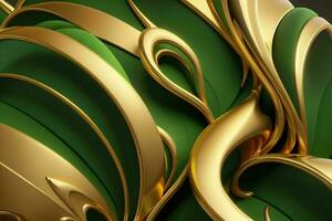 AI generated 3d rendering luxury green and golden abstract background. Pro Photo