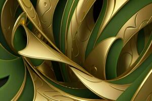 AI generated 3d rendering luxury green and golden abstract background. Pro Photo