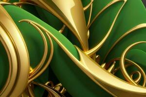 AI generated 3d rendering luxury green and golden abstract background. Pro Photo
