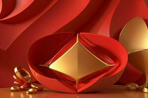 AI generated 3d rendering luxury red and golden abstract background. Pro Photo