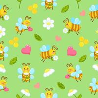Cute and bright seamless pattern with cartoon love bees, hearts and daisies made in vector