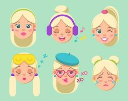 Collection of girls face emoticons in flat design. Set of vector illustration of young pretty woman with different emotions