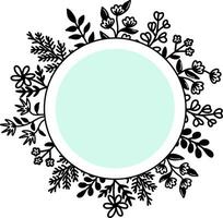 Round vector floral frame, wreath with leaves and flowers in doodle stile. Vector illustration